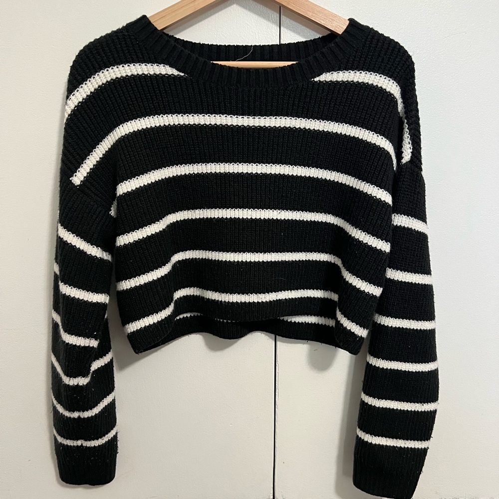 La Hearts Black and White Striped Crew Neck Sweater